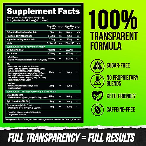 ALPHA LION Superhuman Pump Pre Workout Powder, Nootropic Caffeine & Stim Free ALPHA LION