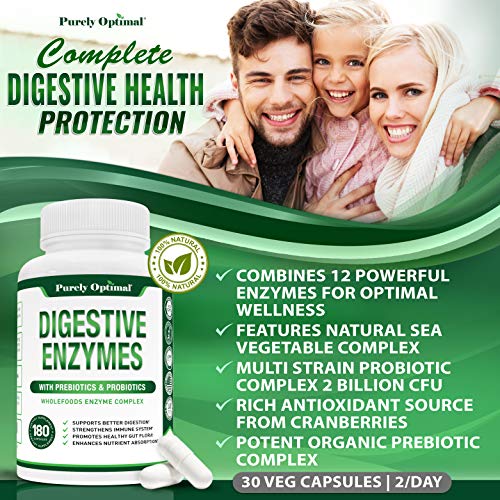 Purely Optimal Premium Digestive Enzymes Plus Prebiotics & Probiotics - for Better Digestio Purely Optimal