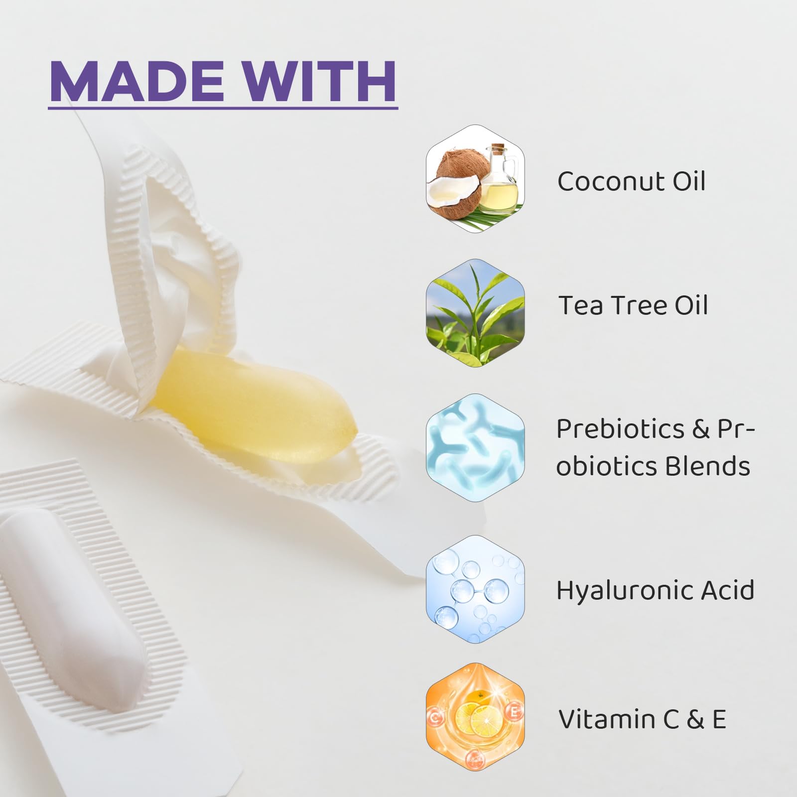Vaginal Probiotic Suppositories, Prebiotic Infused with Hyaluronic Acid, Tea Tree, and Vitamin C&E Vagiria