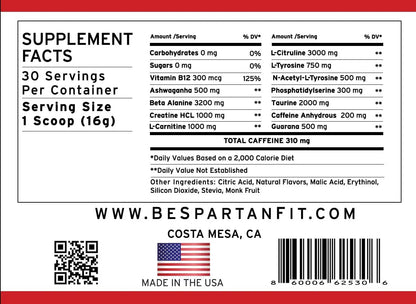 Spartan Fit Nutrition Pre-Workout Powder -Berry Flavor with Full Serving of Creatine +310mg Caffeine Including Brazilian Superfood Guarana - Ashwagandha, & Phosphatidylserine | 30 Servings