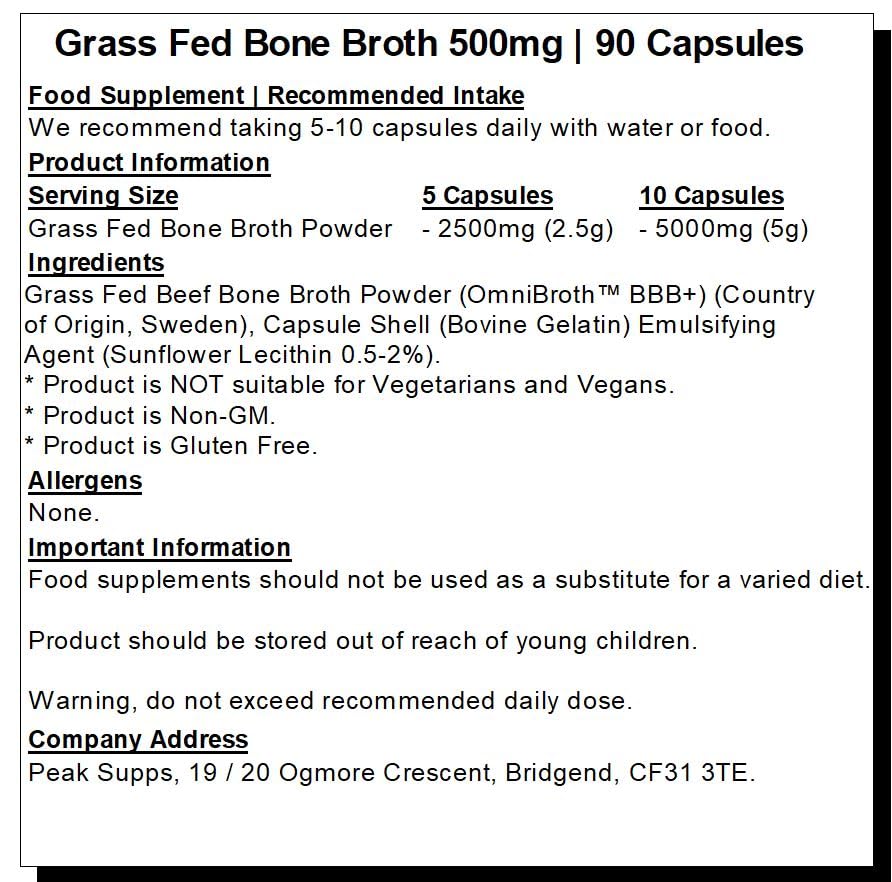 Grass fed Beef Bone Broth 500mg- 90 Capsules - Rich in Type 1 & 3 Collagen Peak Supps
