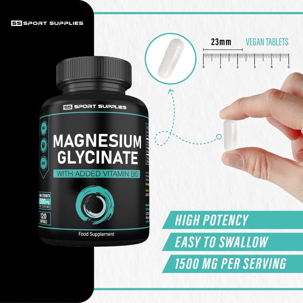 Magnesium Glycinate Supplements & Vitamin B6 - 120 High Strength Capsules SS Sport Supplies