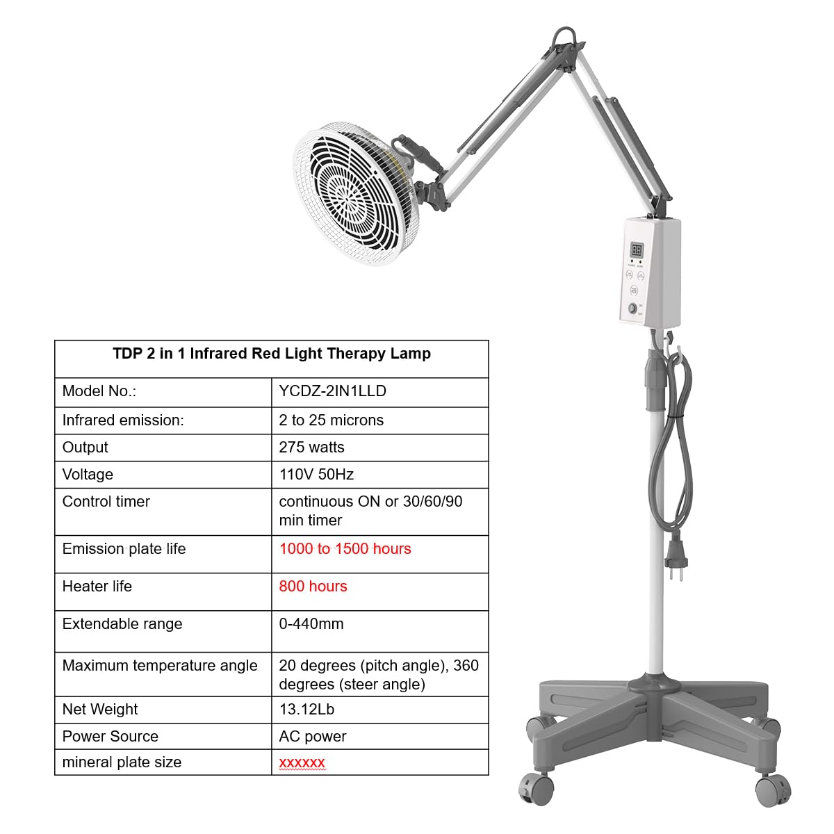 TDP and Infrared Red Light Therapy with Base, 2 in 1 Infrared Heat Lamp Device with 275W Bulb YUNCHI