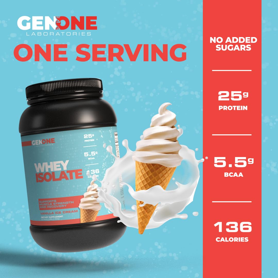 GenOne Whey Protein Powder Isolate, 25g Protein and 5.5g BCAAs per Serving, Vanilla Ice GENONE LABORATORIES