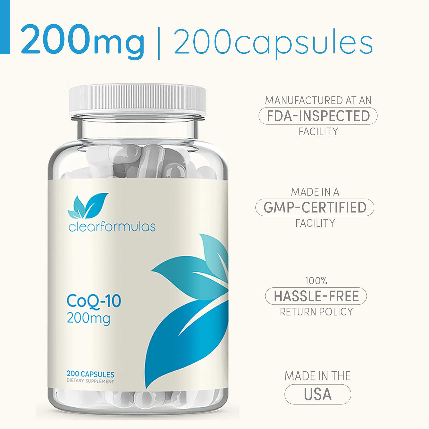 Clear Formulas CoQ10 200mg 200 Capsules Quick Absorption Non-GMO Clear Formulas