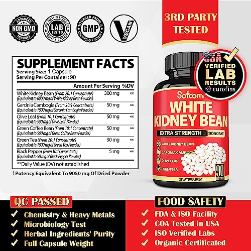 Pure White Kidney Bean Extract Capsules - 6 Herbal Ingredients 9050 mg Equivalent Satoomi