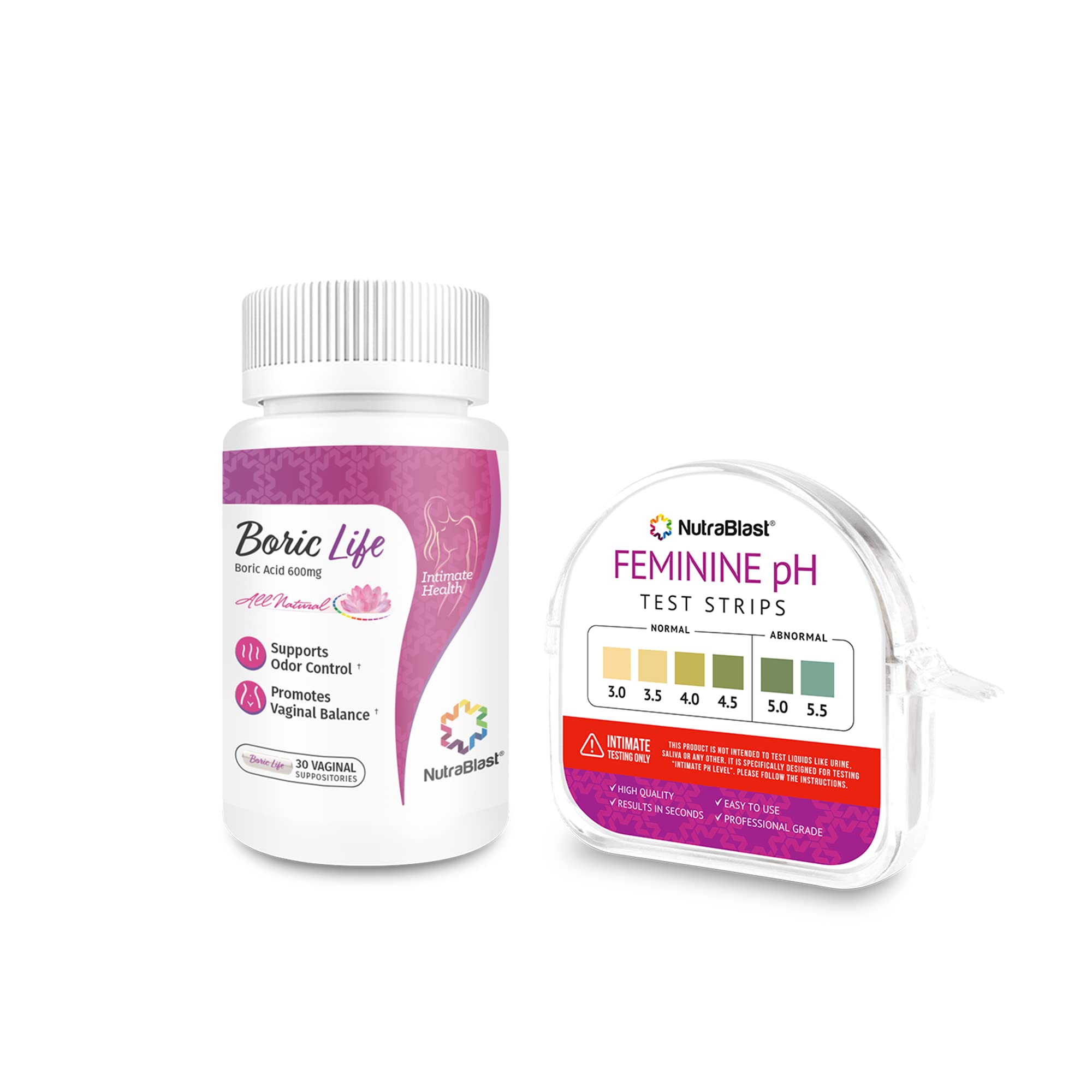 NutraBlast Boric Acid Vaginal Suppositories 600mg (30 Count) w/Feminine pH Test Strips 3.0-5.5