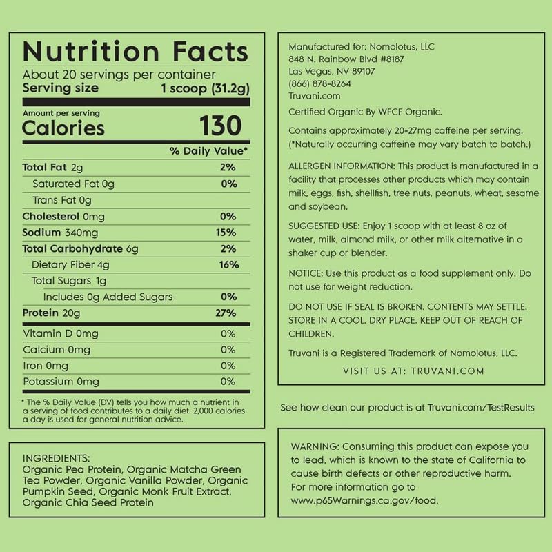 Truvani Organic Vegan Protein Powder Matcha - 20g of Plant Based, Organic Protein Truvani