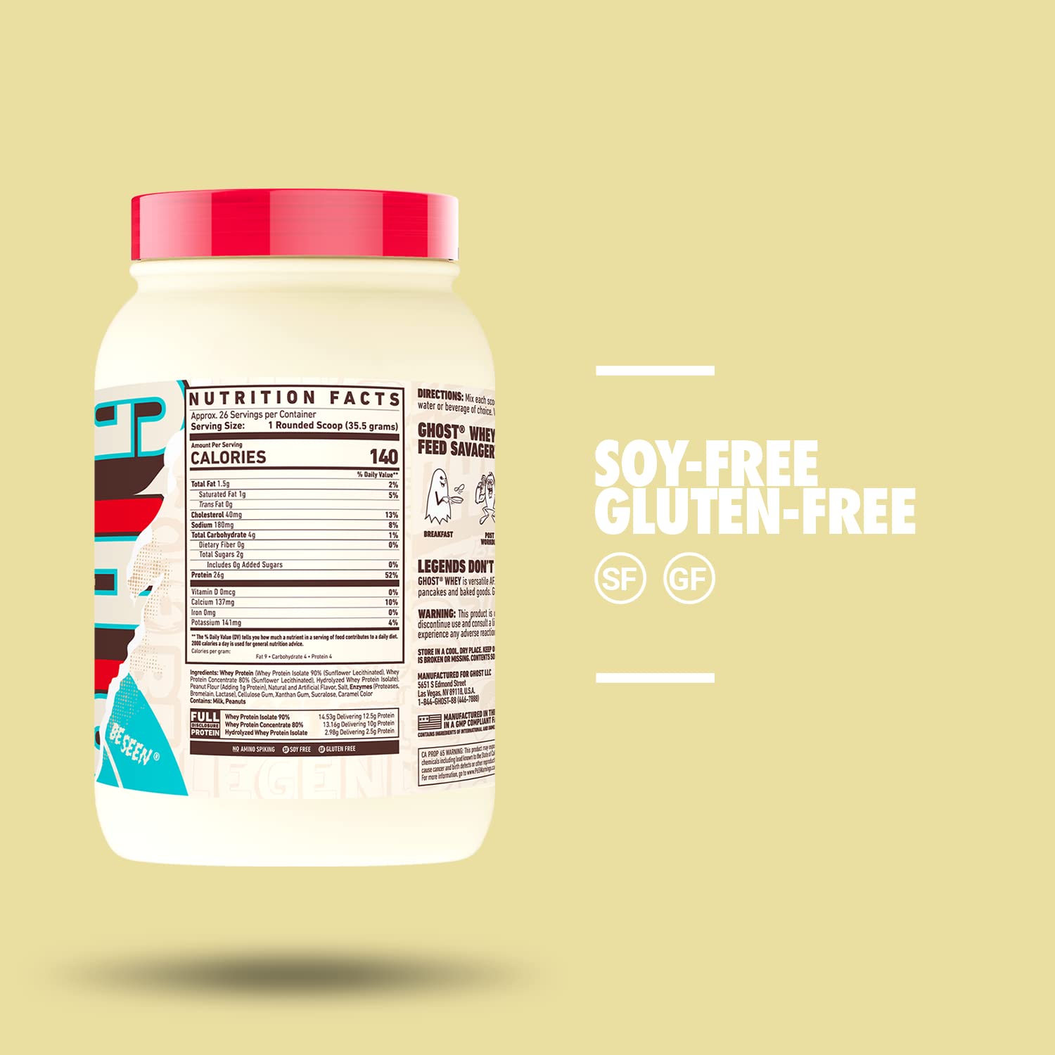 GHOST Whey Protein Powder, Peanut Butter Cereal Milk - 2LB Tub, 26G of Protein GHOST