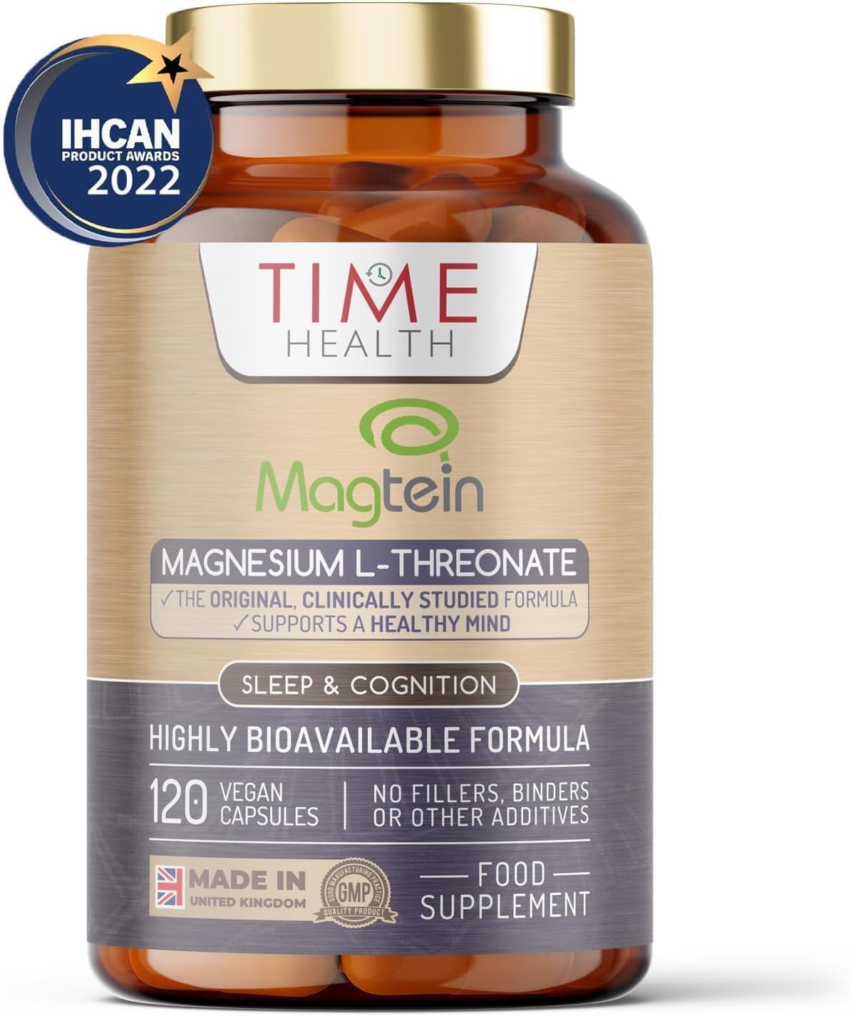 Magtein® Magnesium – 120 Capsules – High Strength 2100mg – Highly Bioavailable Time Health