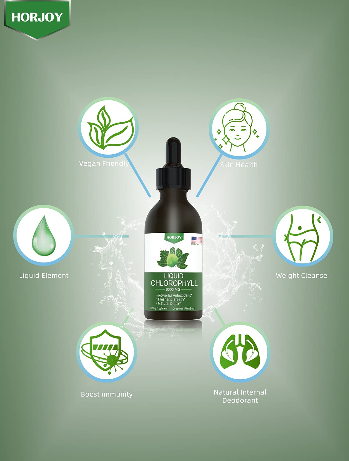 Chlorophyll Liquid Drops - 100% Natural Energy Booster and Immune Support - Internal Horjoy