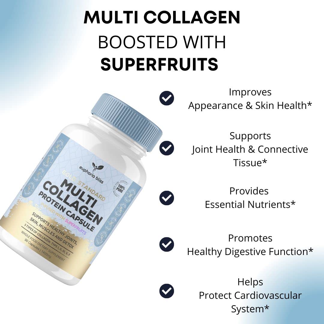 High Strength Multi Collagen 1400MG Tablets with Turmeric & Kelp, Skin, Hair, Nails Euphoria Bliss