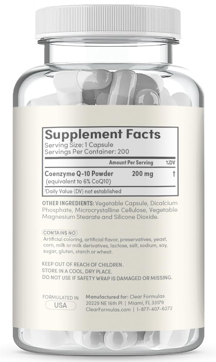 Clear Formulas CoQ10 200mg 200 Capsules Quick Absorption Non-GMO Clear Formulas