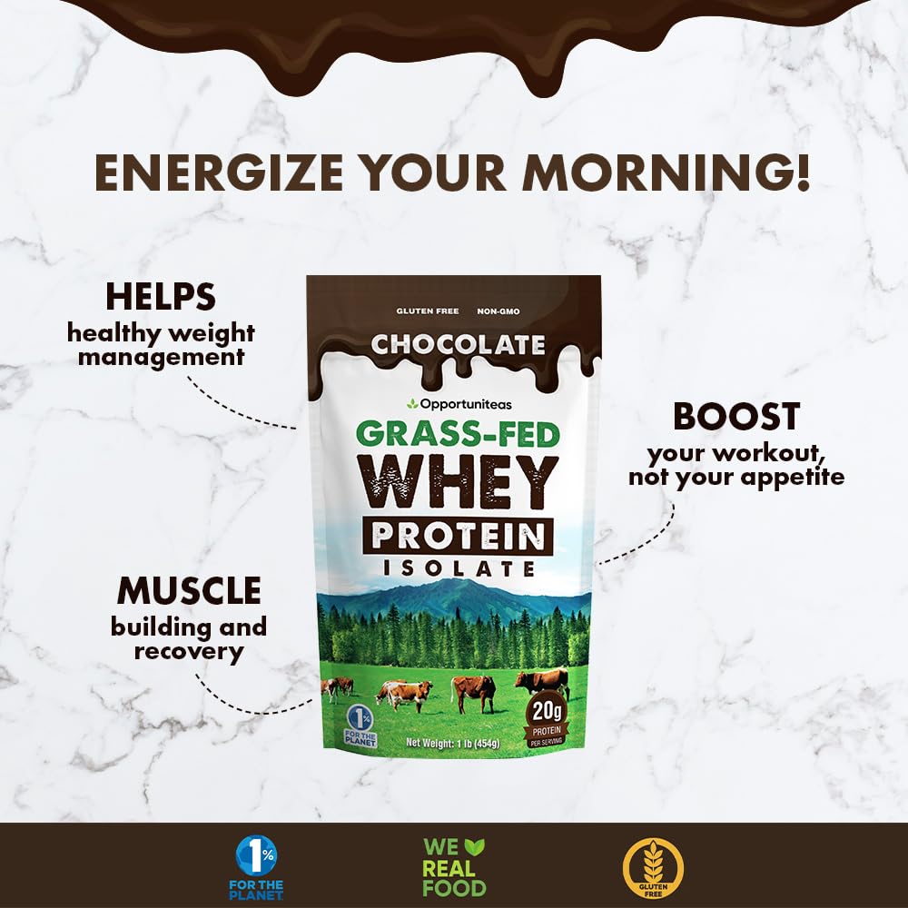 Opportuniteas Chocolate Whey Protein Powder - Grass Fed Whey Isolate + Organic Cacao Opportuniteas