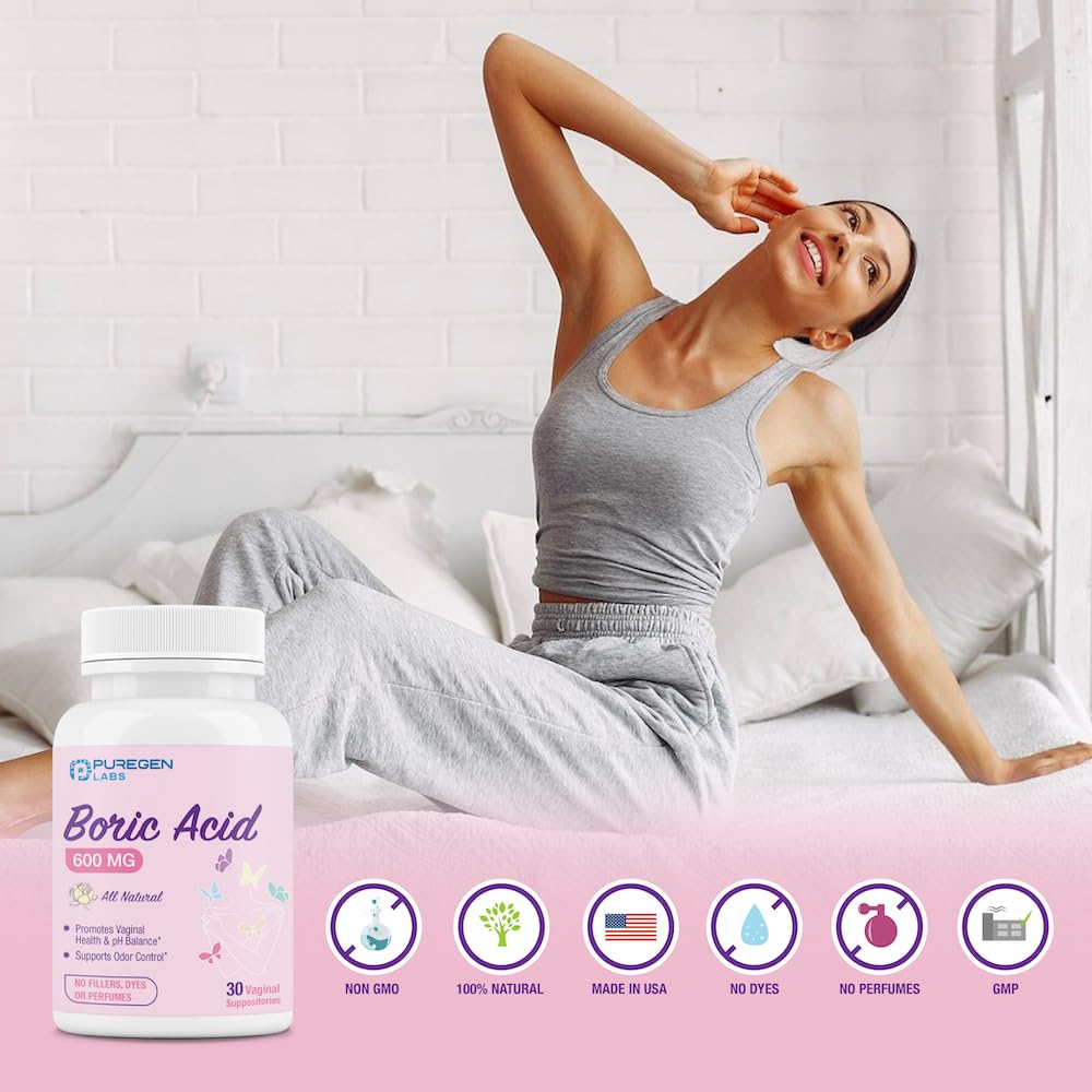 Puregen Labs Boric Acid 600 mg Vaginal Suppositories - 100% Pure | All Natural Without Dyes or Fillers P Puregen Labs