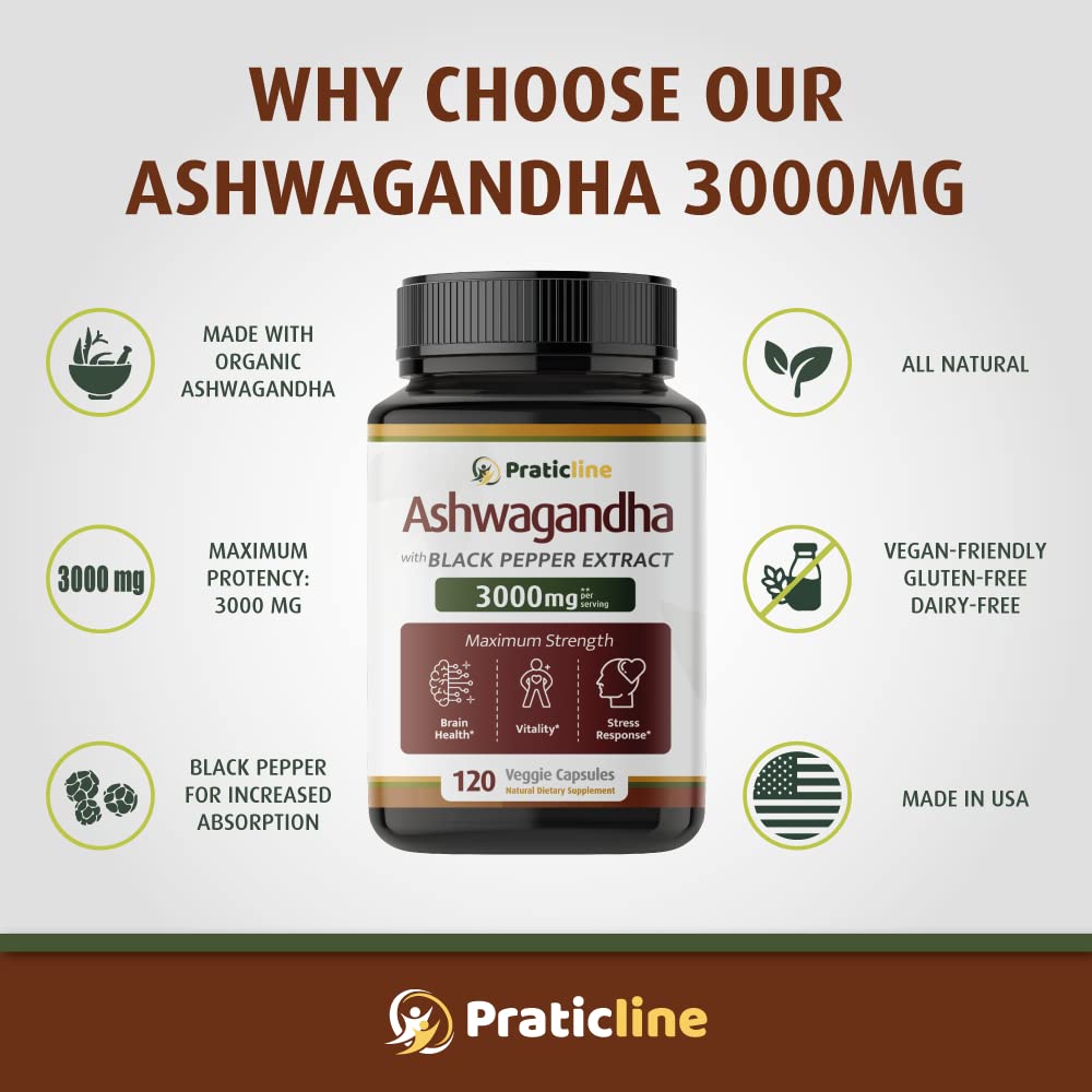PRATIC LINE Ashwagandha Capsules 3,000 mg - 120 Vegan Cap Made with Organic PRATIC LINE