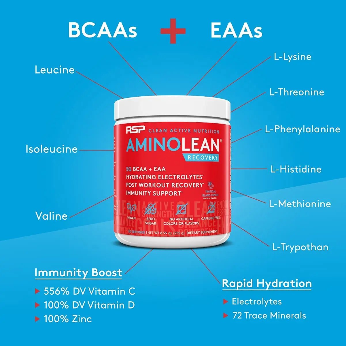 RSP NUTRITION AminoLean Pre Workout Energy (Fruit Punch 30 Servings) with AminoLean Recovery Post Workout Boost (Tropical Island Punch 30 Servings)