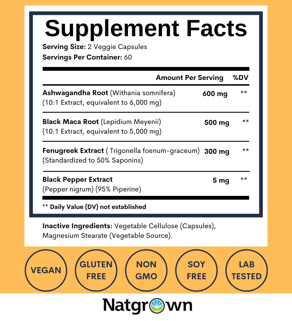 Natgrown Ashwagandha Maca Root Fenugreek Extract Capsules Supplement Natgrown