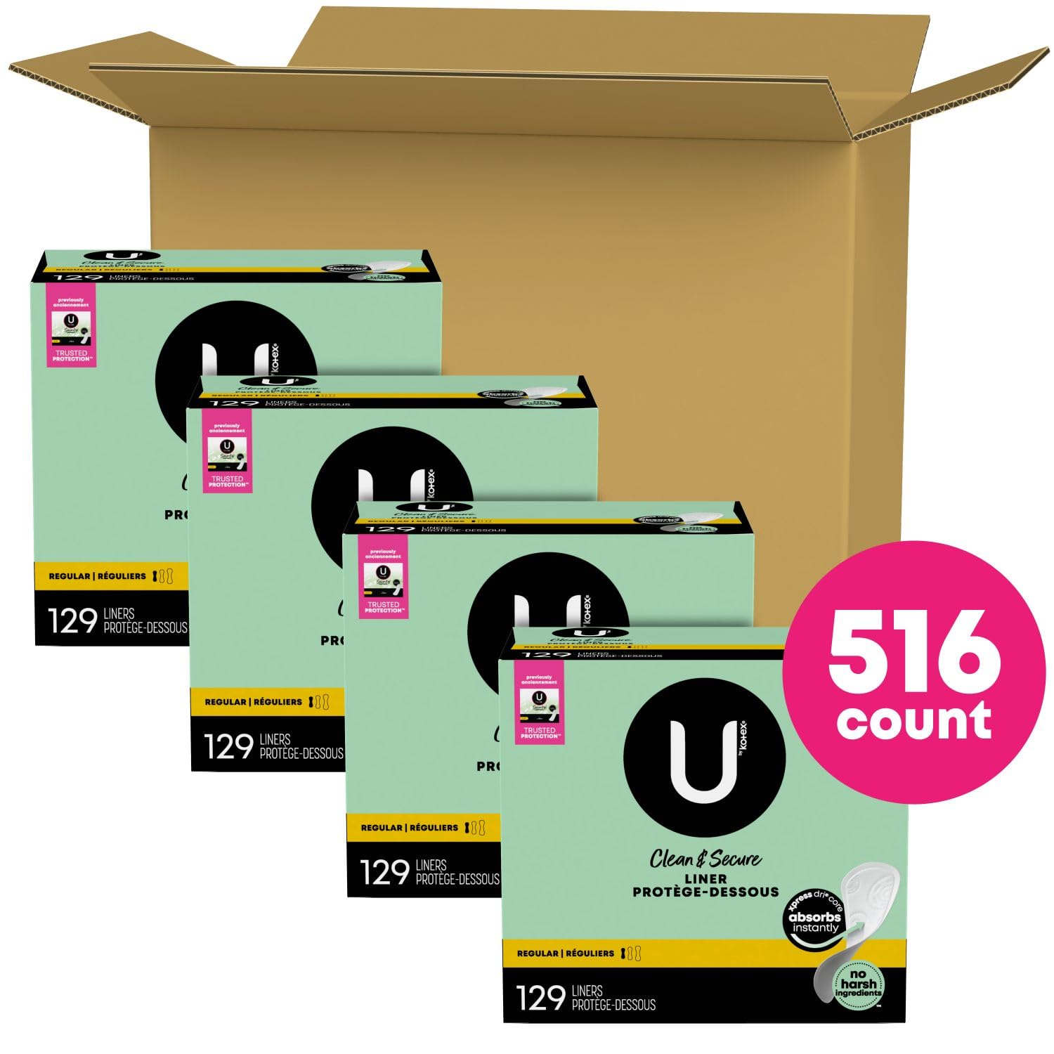 U by Kotex Clean & Secure Panty Liners, Light Absorbency, Regular Length, 516 Count U by Kotex