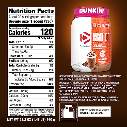 Dymatize ISO100 Hydrolyzed Protein Powder in Dunkin' Mocha Latte Flavor, 100% Whey Dymatize