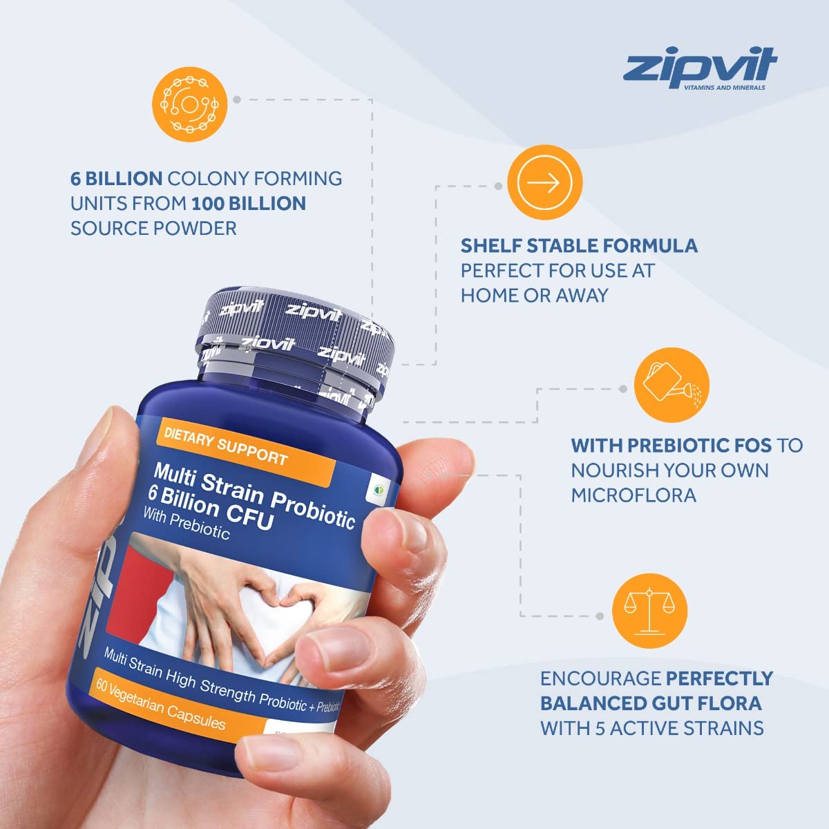 Probiotic 6 Billion Multi-Strain Live Bio Cultures Complex with Prebiotic, 60 Vegetarian Zipvit