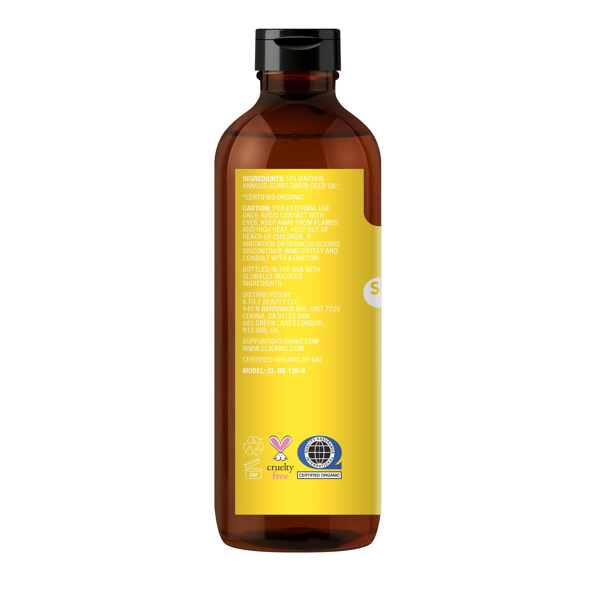 Cliganic Organic Sunflower Oil, 100% Pure (8oz) - For Skin, Hair & Face | Natural Cold Pressed Unrefined Cliganic