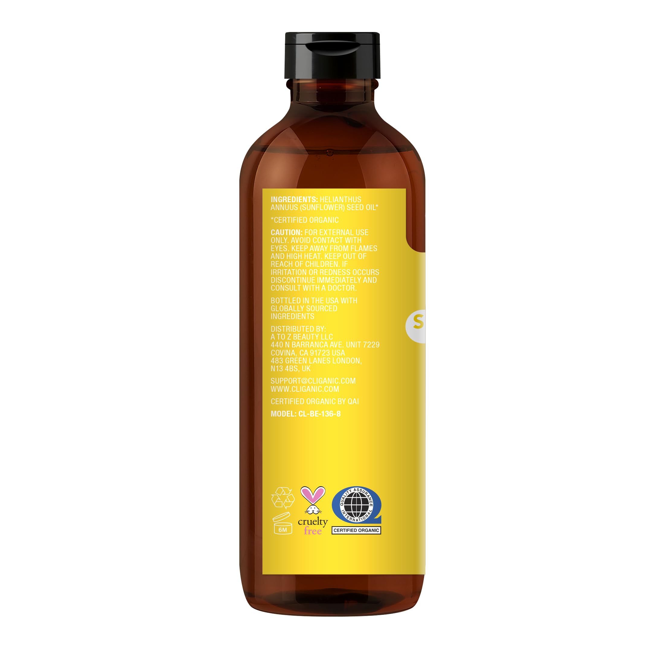 Cliganic Organic Sunflower Oil, 100% Pure (8oz) - For Skin, Hair & Face | Natural Cold Pressed Unrefined Cliganic