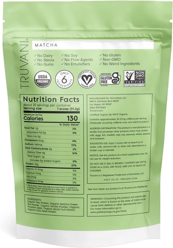 Truvani Organic Vegan Protein Powder Matcha - 20g of Plant Based, Organic Protein Truvani