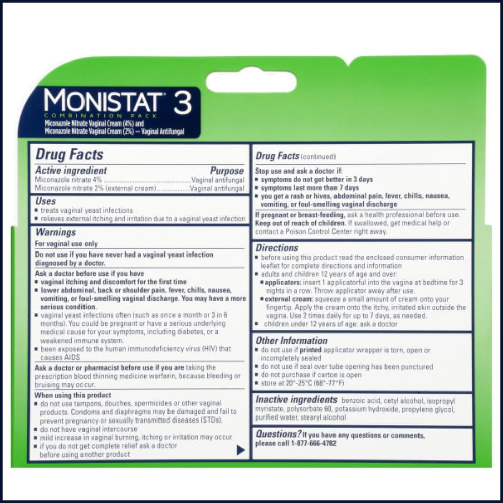 Monistat 3 Vaginal Cream, 3-Day Treatment Combination Pack, 3 Ovule Inserts and External Cream Monistat
