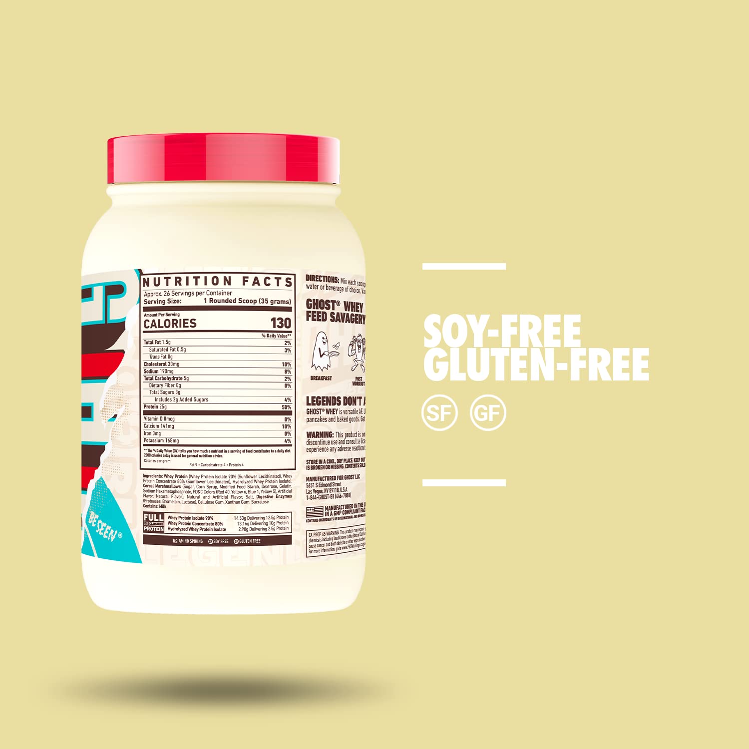 GHOST Whey Protein Powder, Marshmallow Cereal Milk - 2LB Tub, 25G of Protein GHOST