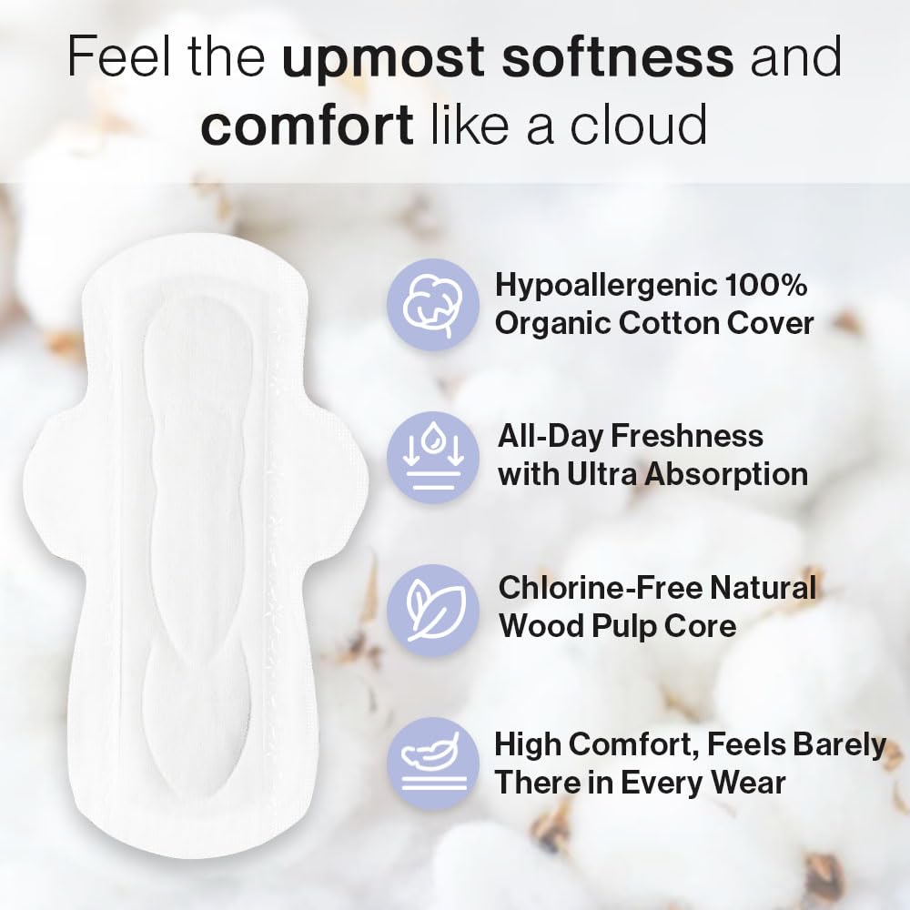 SANDIS Feminine Pad for Women - Regular 28 Count 100% Organic Cotton Ultra Thin with Wings SANDIS