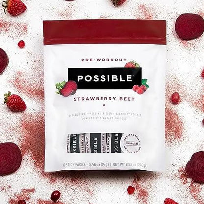 Possible Beet Pre-Workout - Strawberry Beet Flavor - Individually Wrapped Servings - Contains B-Vitamins and Green Tea Caffeine Extract - Source of Nitrates - 1 Bag, 20 Stick Packs