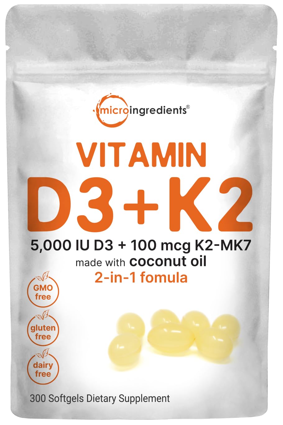 Vitamin D3 5000 IU Plus K2 (MK-7) 100 mcg, 300 Virgin Coconut Oil Softgels 