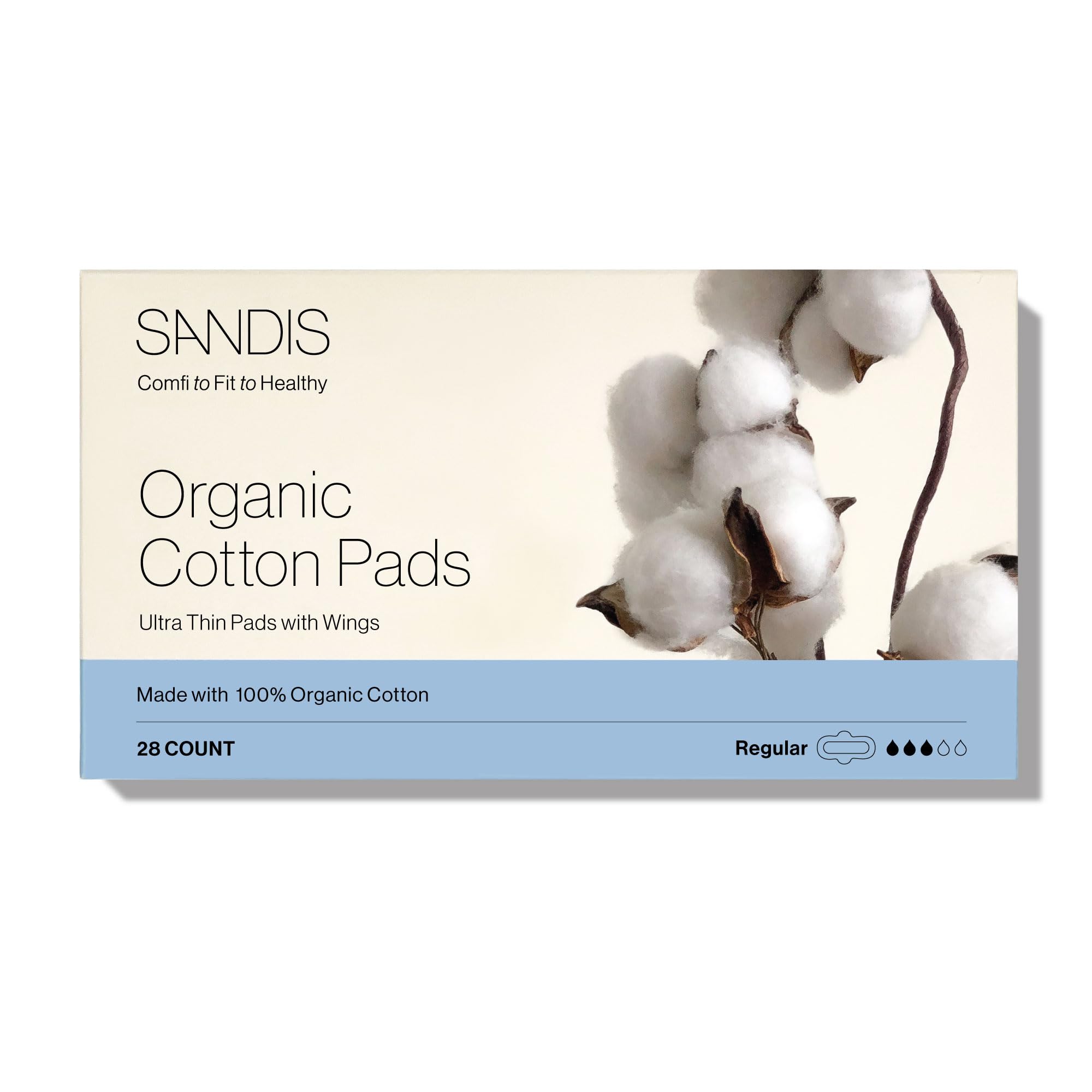 SANDIS Feminine Pad for Women - Regular 28 Count 100% Organic Cotton Ultra Thin with Wings