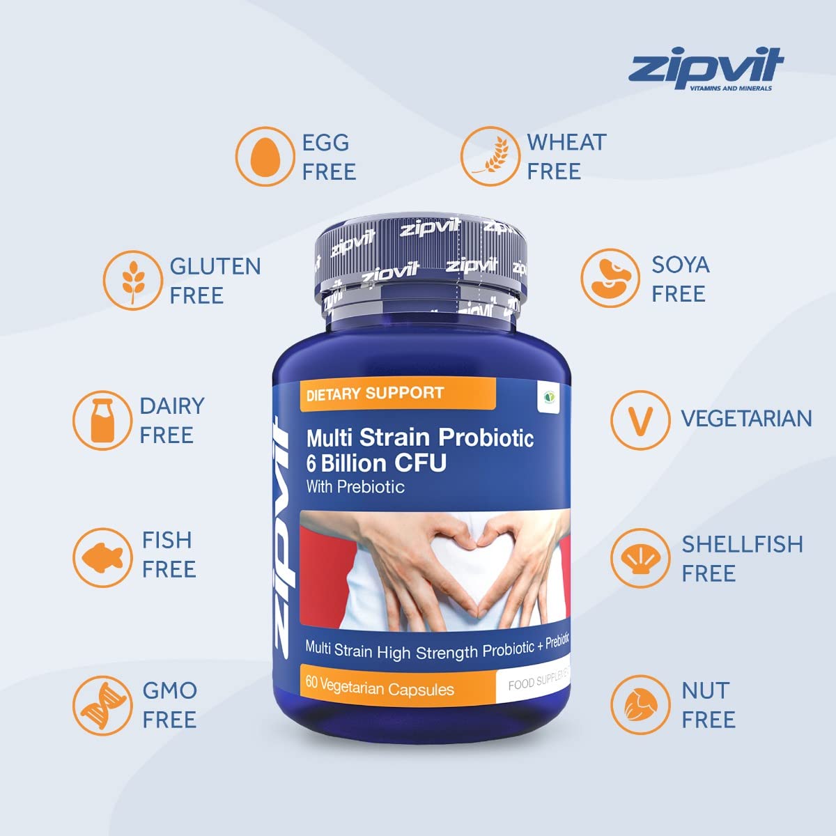 Probiotic 6 Billion Multi-Strain Live Bio Cultures Complex with Prebiotic, 60 Vegetarian Zipvit