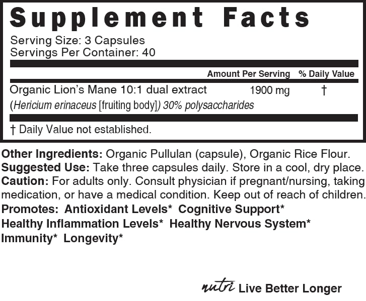 Nutri Organic Lions Mane Supplement Capsules - 1900 mg, 10:1 Dual Extraction, 120 Count Nature's Fusions