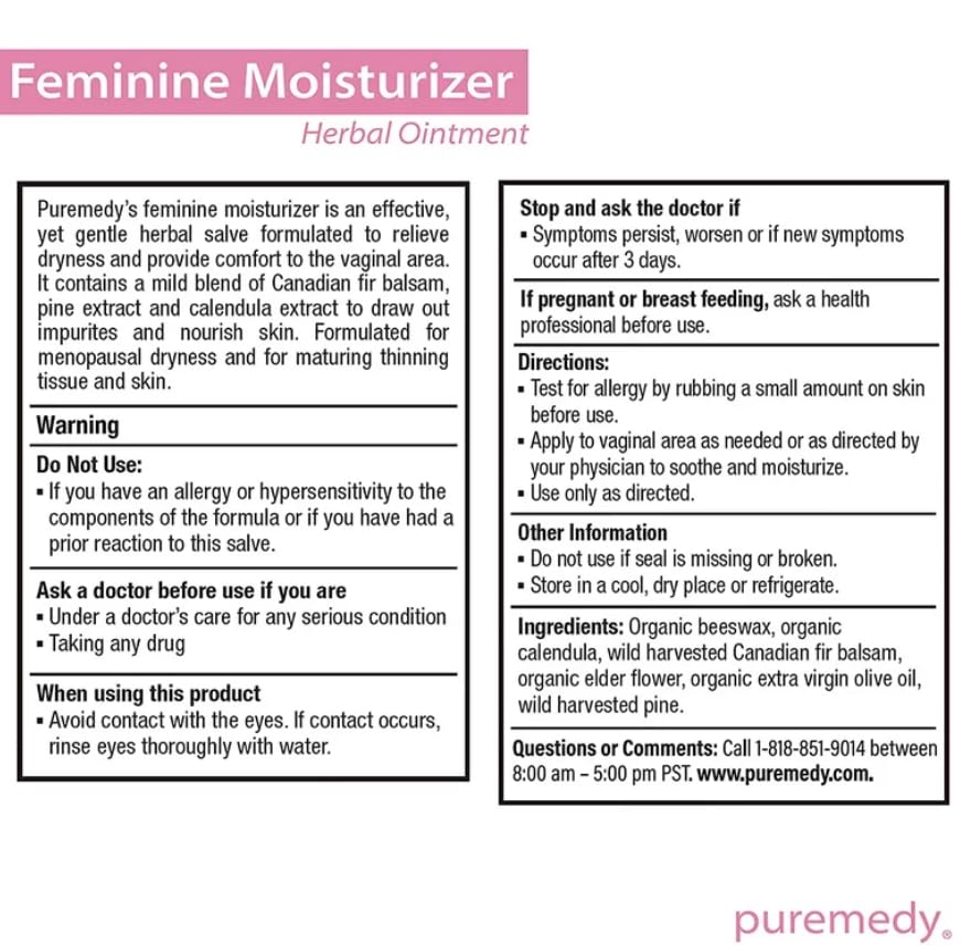 Puremedy Feminine Moisturizer for Women All Natural & Organic Unscented Moisturizing Herbal Salve Puremedy