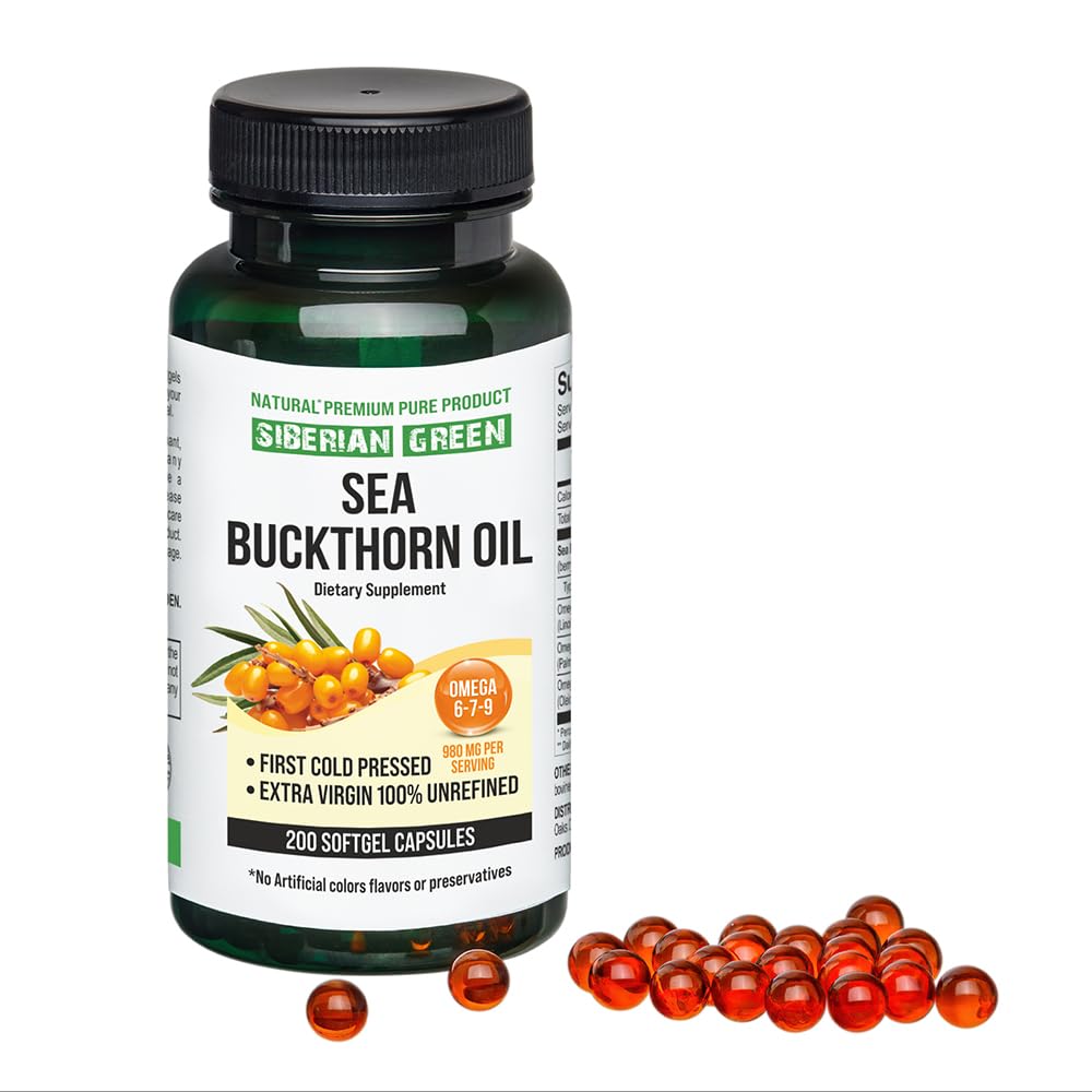 Siberian Sea Buckthorn Oil Capsules 200 Softgels | from Wild-harvested Siberian Sea Siberian Green