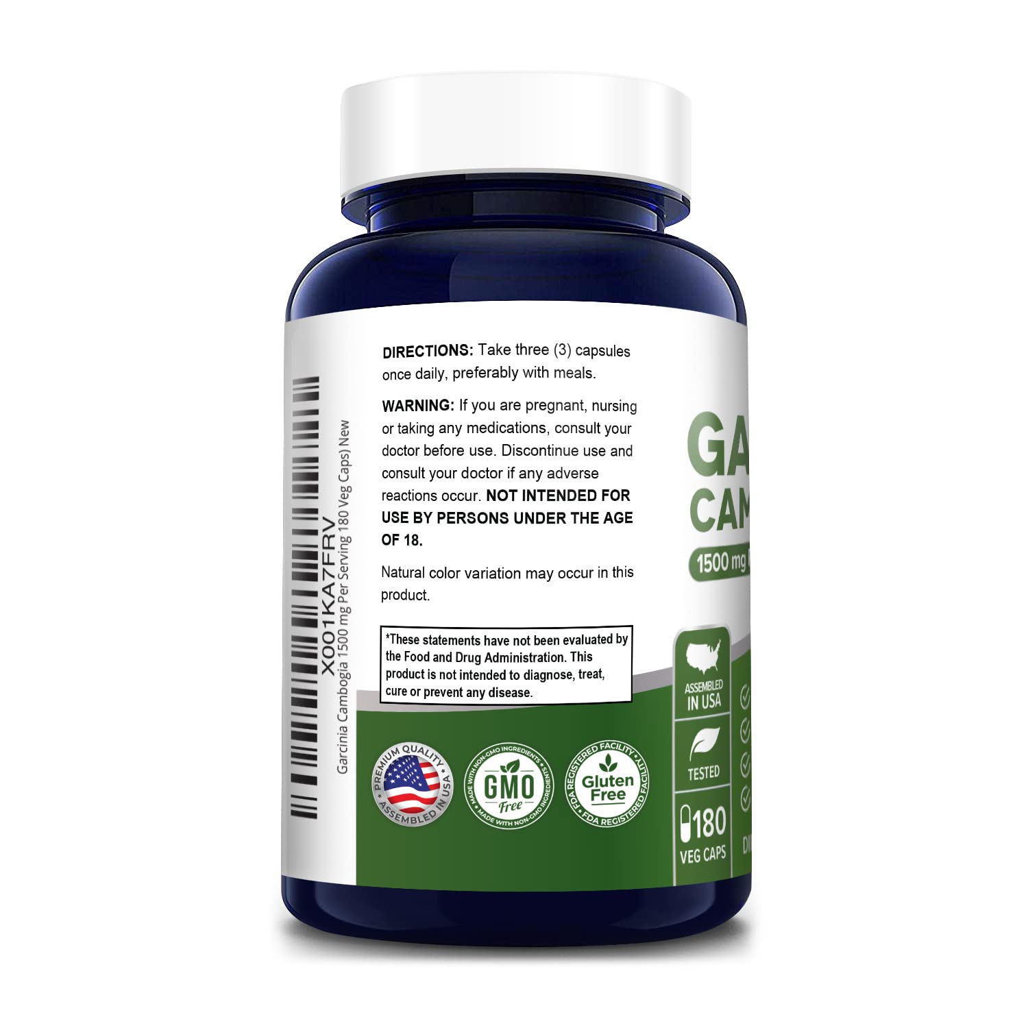 Garcinia Cambogia 180 Veggie Caps 1500mg (Vegetarian, Natural, Non-GMO & Gluten Free) NusaPure