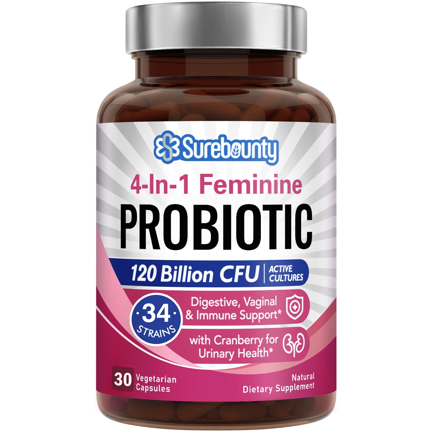 Surebounty Probiotics for Women, 120 Billion CFU 34 Strains, Prebiotics + Digestive Enzymes