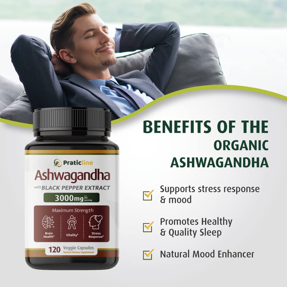PRATIC LINE Ashwagandha Capsules 3,000 mg - 120 Vegan Cap Made with Organic PRATIC LINE
