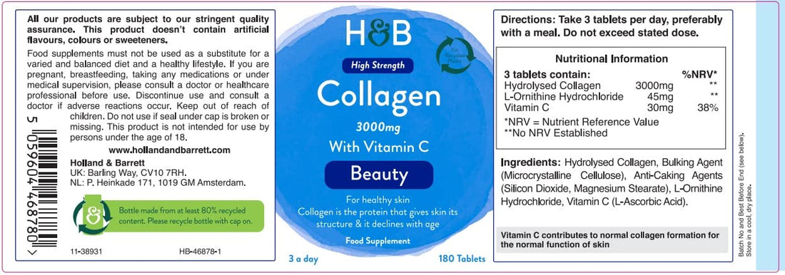Holland & Barrett Bovine Collagen Tablet 3000mg - Type I Collagen Peptides - Hydrolysed Collagen with Vitamin C - Hair, Skin & Nails