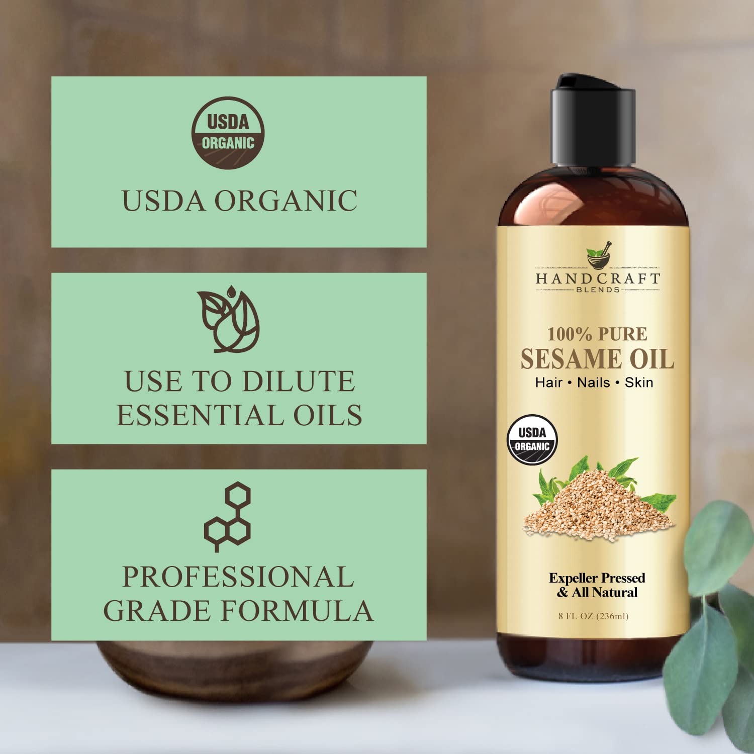 Handcraft Blends Organic Sesame Oil for Skin and Hair 8 oz - 100% Pure and Natural - Premium Handcraft Blends