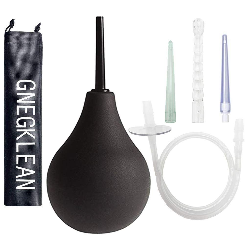 GNEGKLEAN Black Silicone Enema Bulb Kit 7.6oz Clean Anal Douche for Men Women with 19.7in