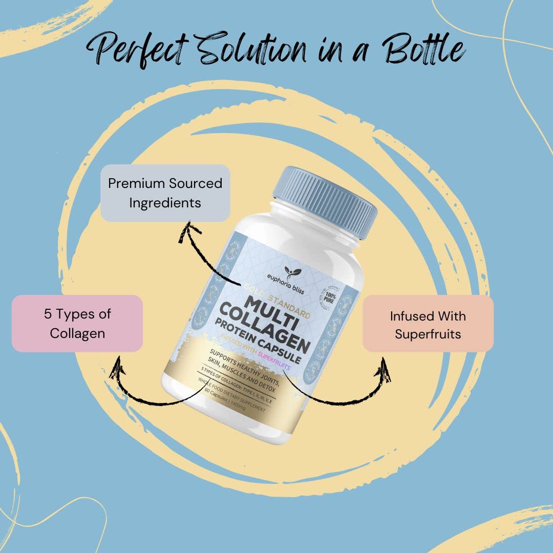 High Strength Multi Collagen 1400MG Tablets with Turmeric & Kelp, Skin, Hair, Nails Euphoria Bliss