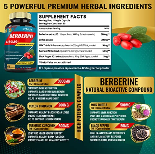 Berberine Extract Capsules 4250mg, 2 Months Supply & Ceylon, Milk Thistle, Turmeric Tenmido