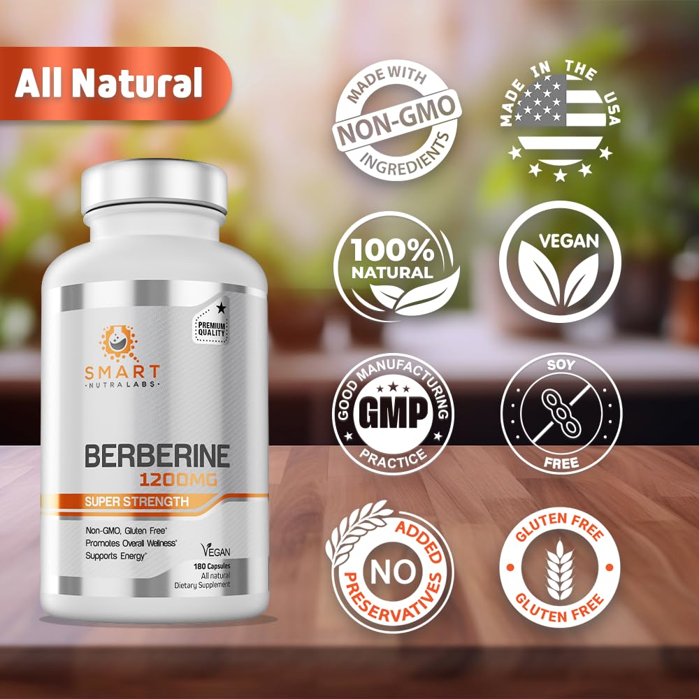 Smart Nutra Labs Premium Berberine HCL 1200mg- 180 Vegan Capsules, 100% Pure Smart Nutra Labs