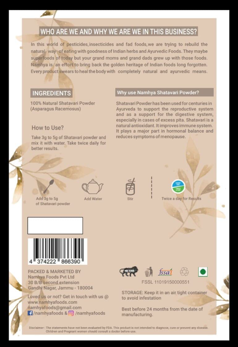 Namhya Shatavari powder - Good for menopause in women Namhya