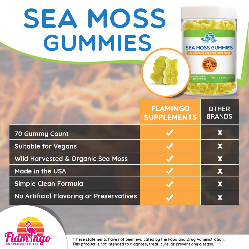 Sea Moss Gummies Plus Organic Bladderwrack and Burdock Root. Tasty Alternative to Sea Flamingo Supplements