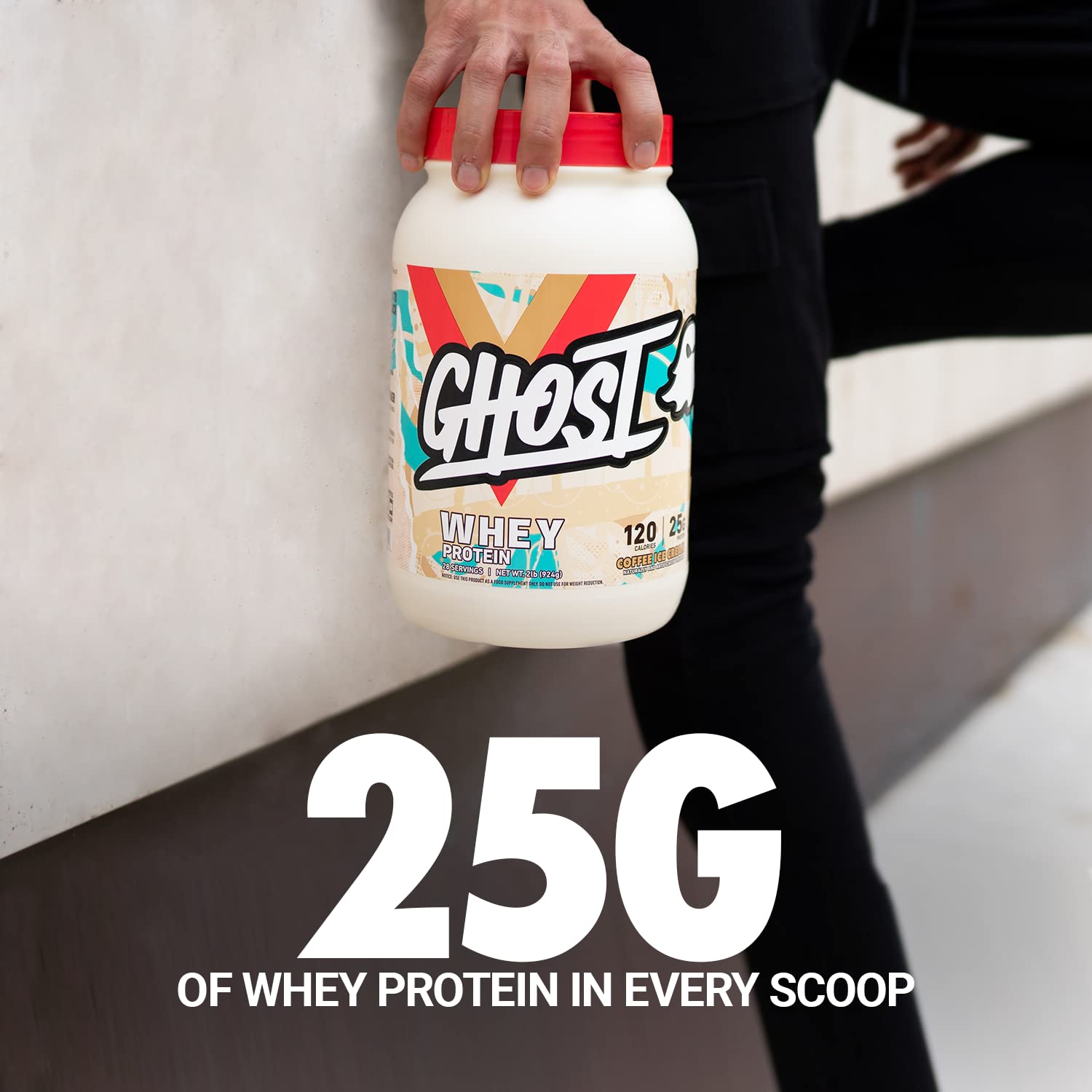 GHOST Whey Protein Powder, Coffee Ice Cream - 2LB Tub, 25G of Protein - Flavored Isolate GHOST